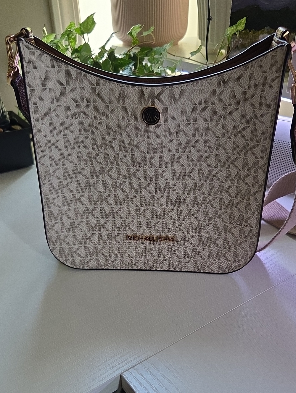 Michael Kors Beige Signature Logo Shoulder Bag with Brown Trim